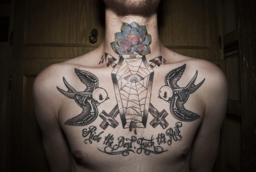 Flying Birds And Coffin Tattoo On Chest
