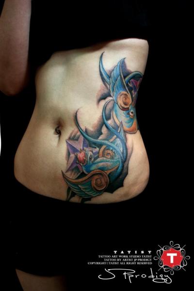 Flying Birds Tattoo Design For Girl Side Belly