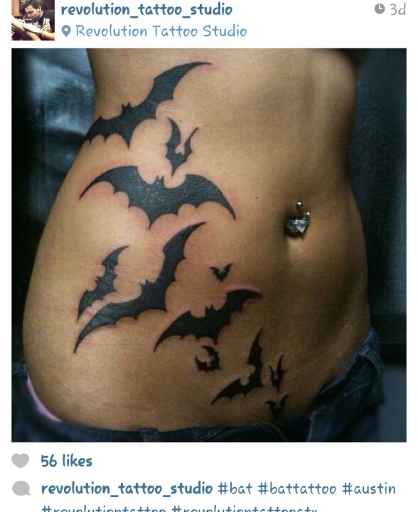 Flying Black Bats Tattoo On Side Belly