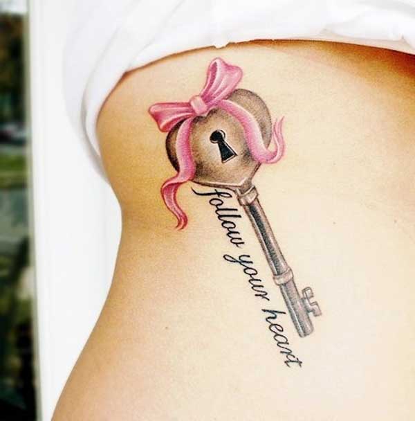 Follow Your Heart - Heart Key With Bow Tattoo Design For Side Belly