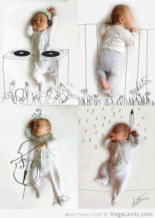 Funny Music Instruments Drawing Around Sleeping Baby