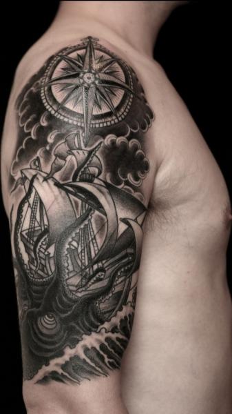 Galleon Octopus Tattoo On Half Sleeve by RG74