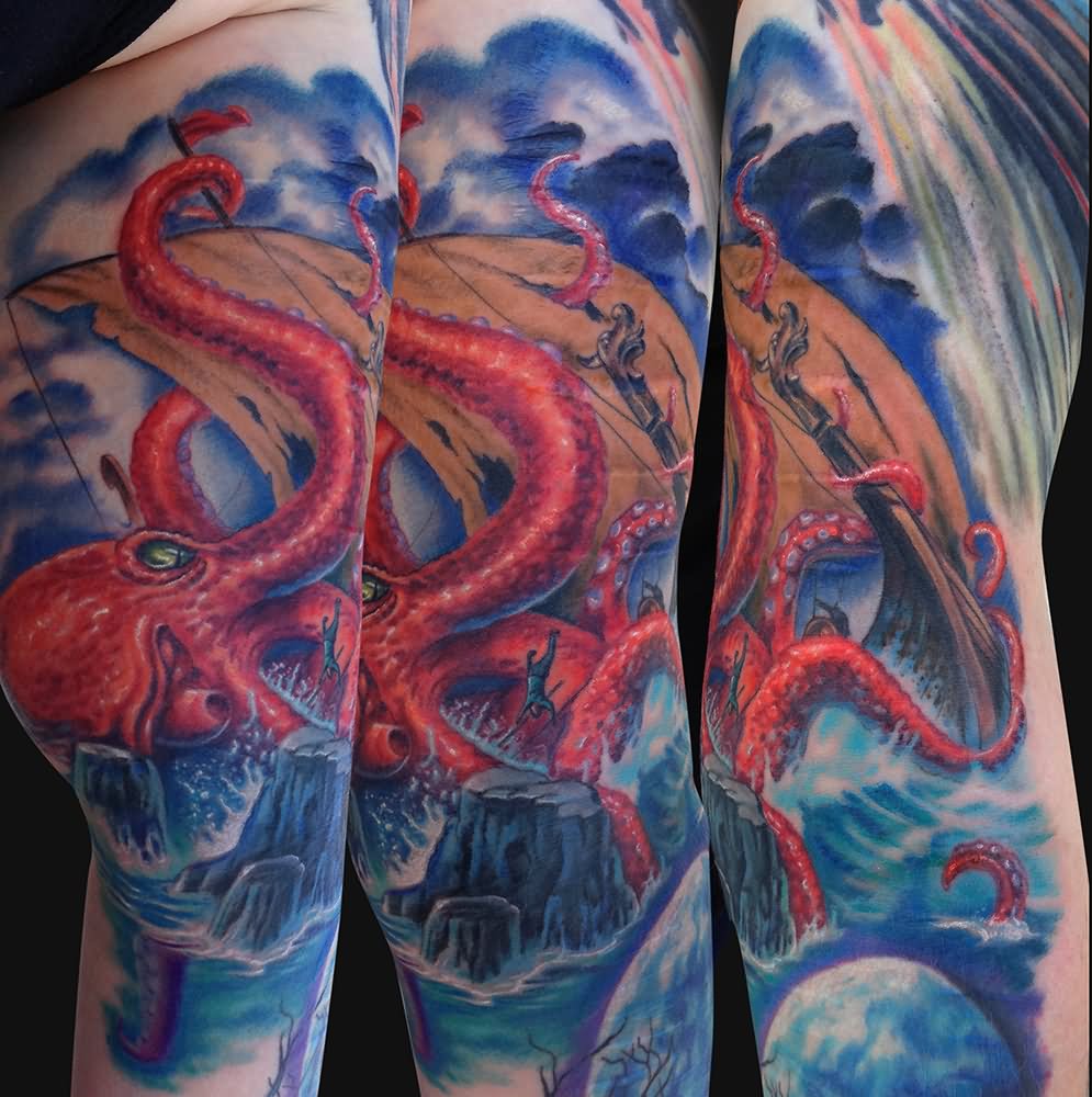 Giant Octopus Ship Tattoo On Sleeve