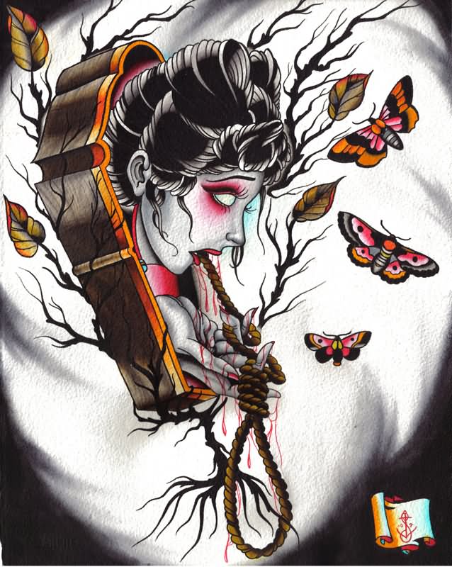 Girl Head In Coffin Tattoo by Steve Whittenberger