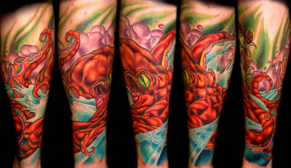 Green Eye Octopus Sleeve Tattoo