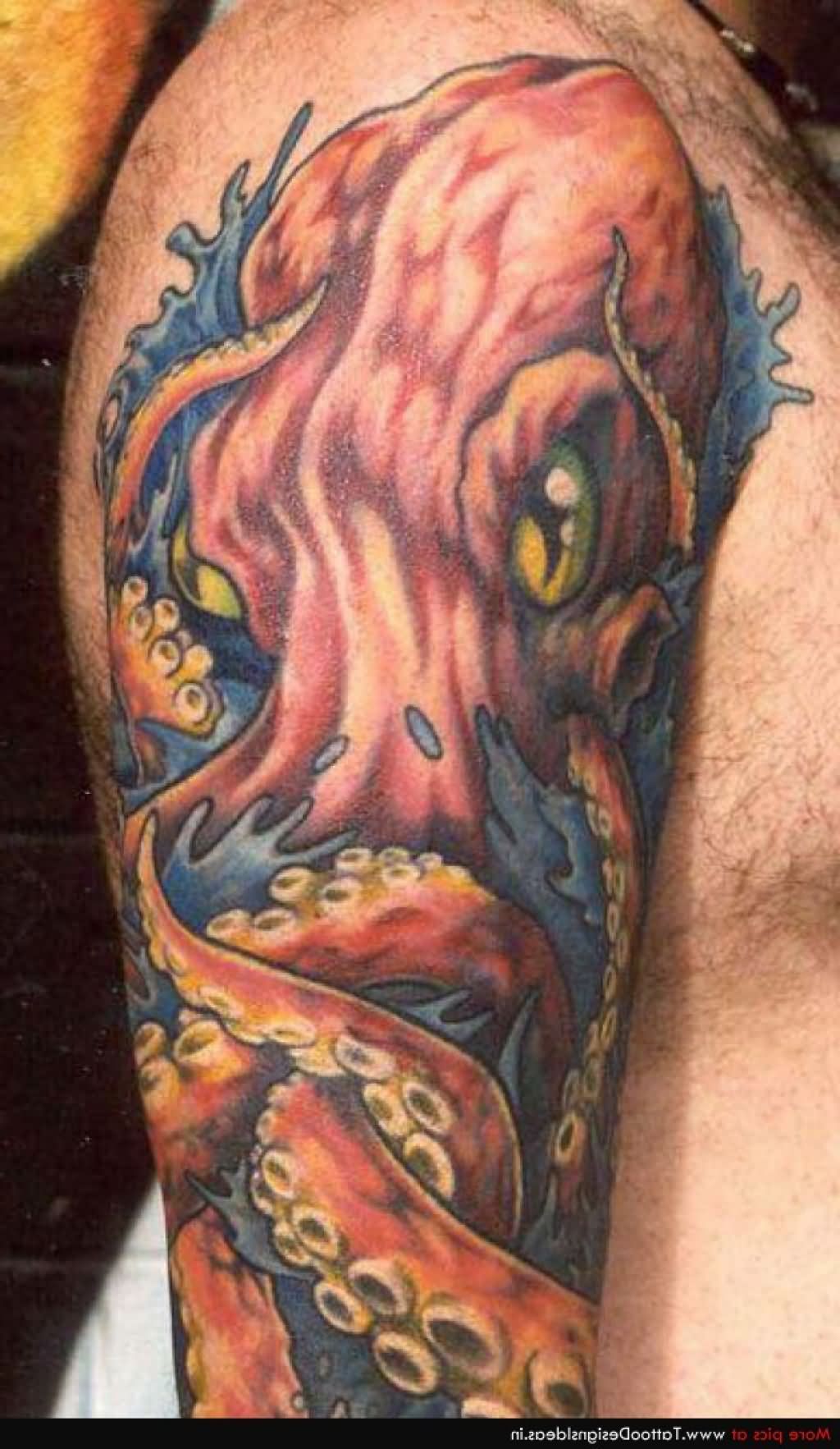 Green Eyes Octopus Ship Tattoo On Half Sleeve