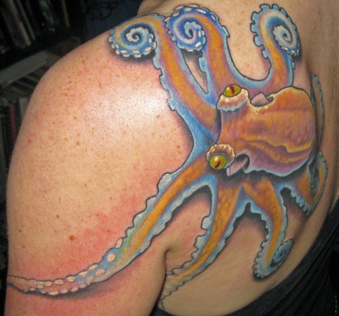 Green Eyes Octopus Tattoo On Left Back Shoulder