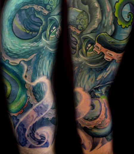 Green Ink Octopus Sleeve Tattoo