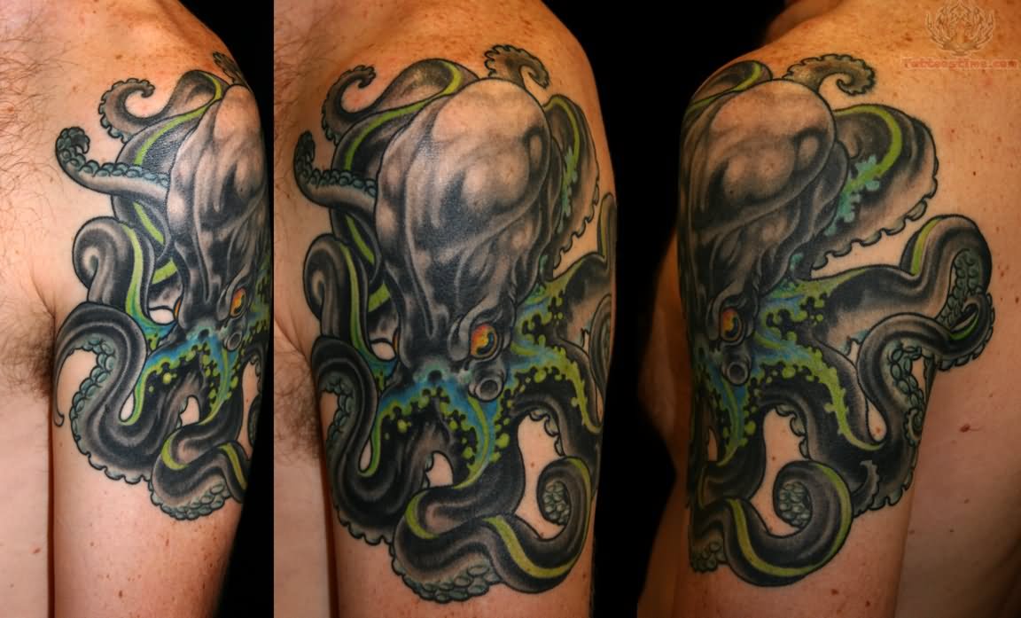 Green Ink Octopus Tattoo On Shoulder For Men