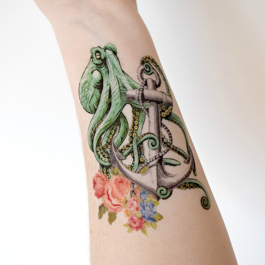 Green Kraken With Anchor And Flowers Tattoo Design For Arm