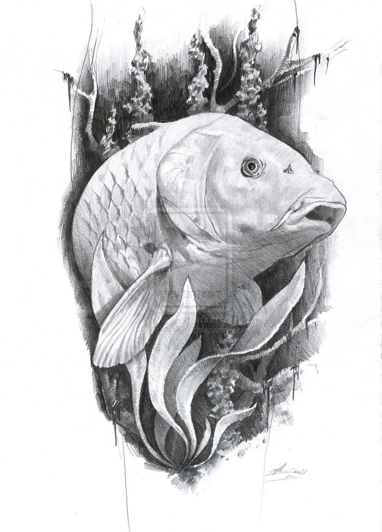 Grey Ink 3D Carp Fish Tattoo Design