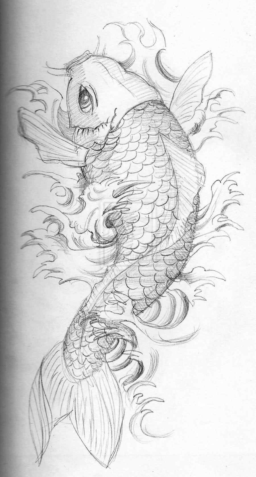 Grey Ink Carp Fish Tattoo Design