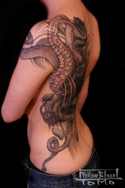 Grey Ink Japanese Octopus Tattoo On Side Rib