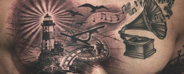 Grey Ink Lighthouse And Gramophone Tattoo On Back