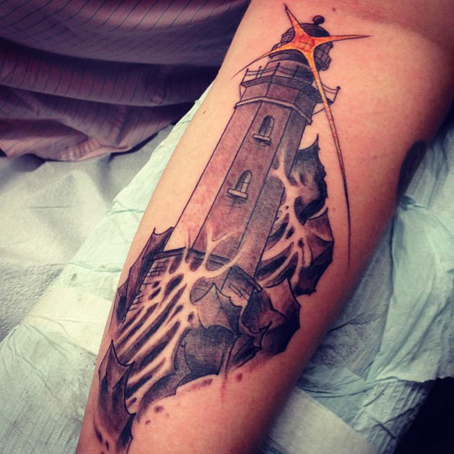 Grey Ink Lighthouse Tattoo On Arm Sleeve