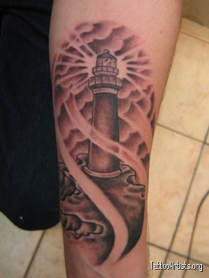 Grey Ink Lighthouse Tattoo On Left Forearm