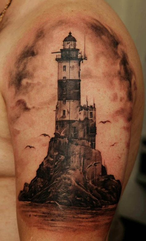 Grey Ink Lighthouse Tattoo On Left Half Sleeve by Dmitriy Samohin