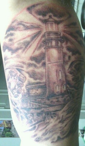 Grey Ink Lighthouse Tattoo On Muscles