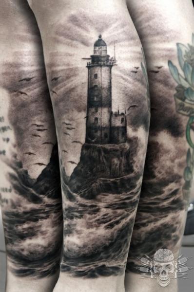 Grey Ink Lighthouse Tattoo Side Leg