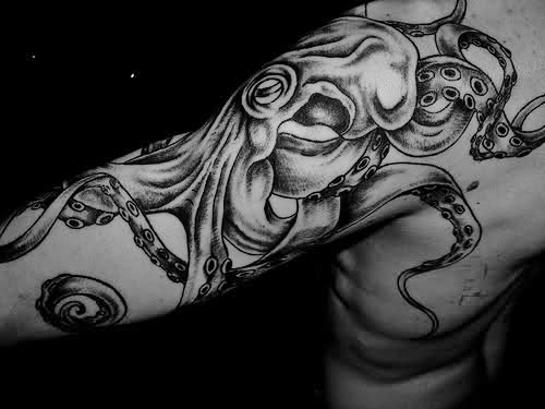 Grey Ink Octopus Tattoo On Left Half Sleeve