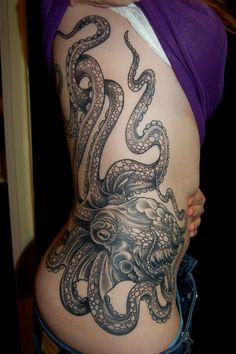 Grey Ink Octopus Tattoo On Side Rib