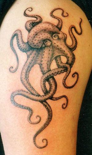 Grey Ink Octopus Tattoo On Side