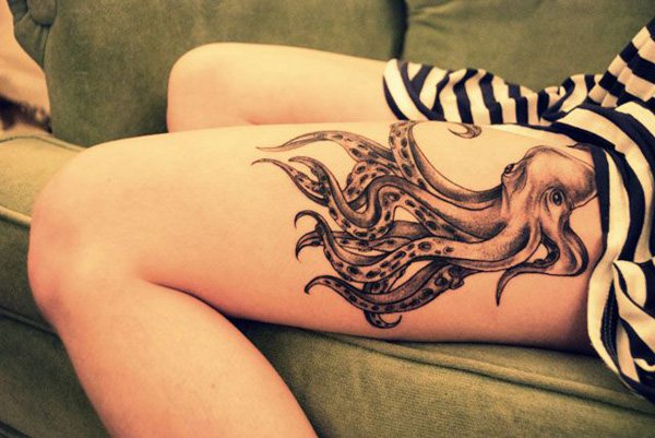 Grey Ink Octopus Thigh Tattoo For Girls