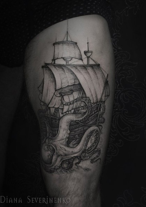 Grey Ink Sailing Ship And Octopus Tattoo On Thigh