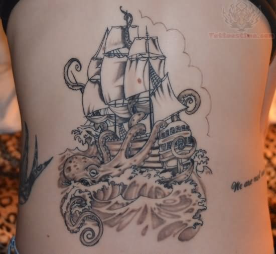 Grey Ink Sailing Ship Octopus Tattoo On Back Body