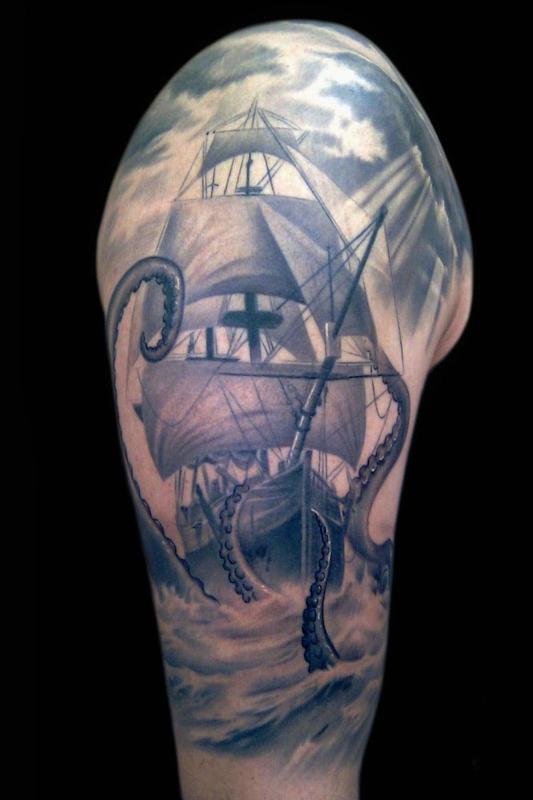 Grey Ink Ship And Octopus Sleeve Tattoo For Men