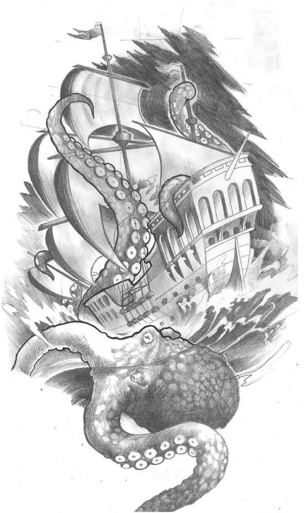 Grey Ink Ship And Octopus Tattoo Design