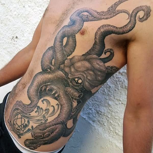 Grey Ink Side Rib Octopus Tattoo For Men