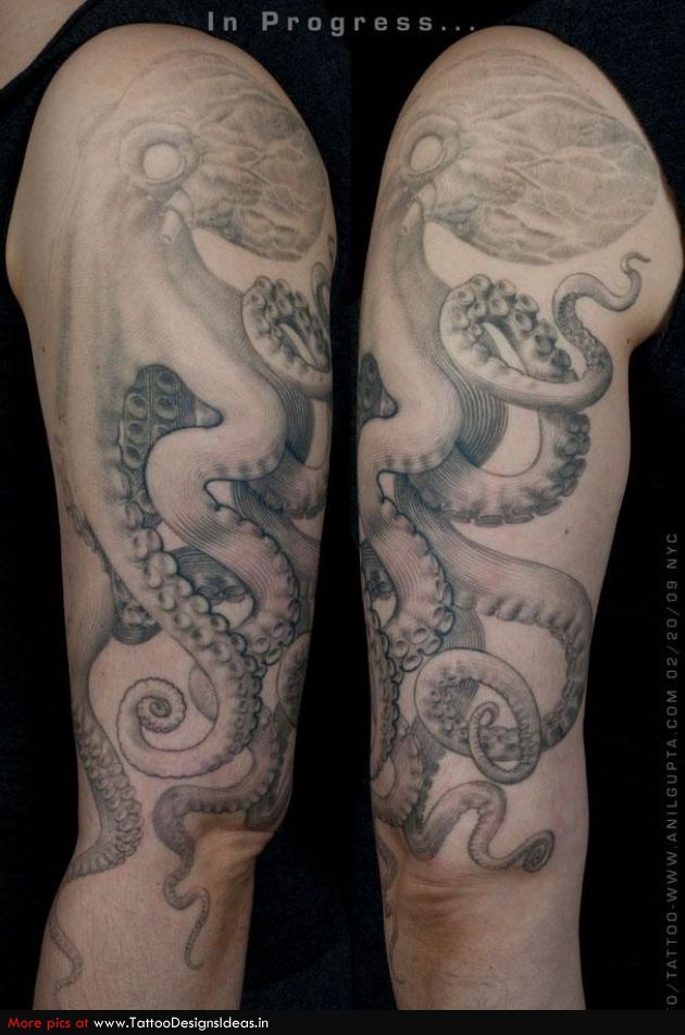 Grey Ink Thick Head Octopus Sleeve Tattoo