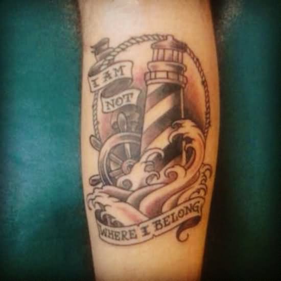 Grey Ink Where I Belong Banner And Lighthouse Tattoo On Leg