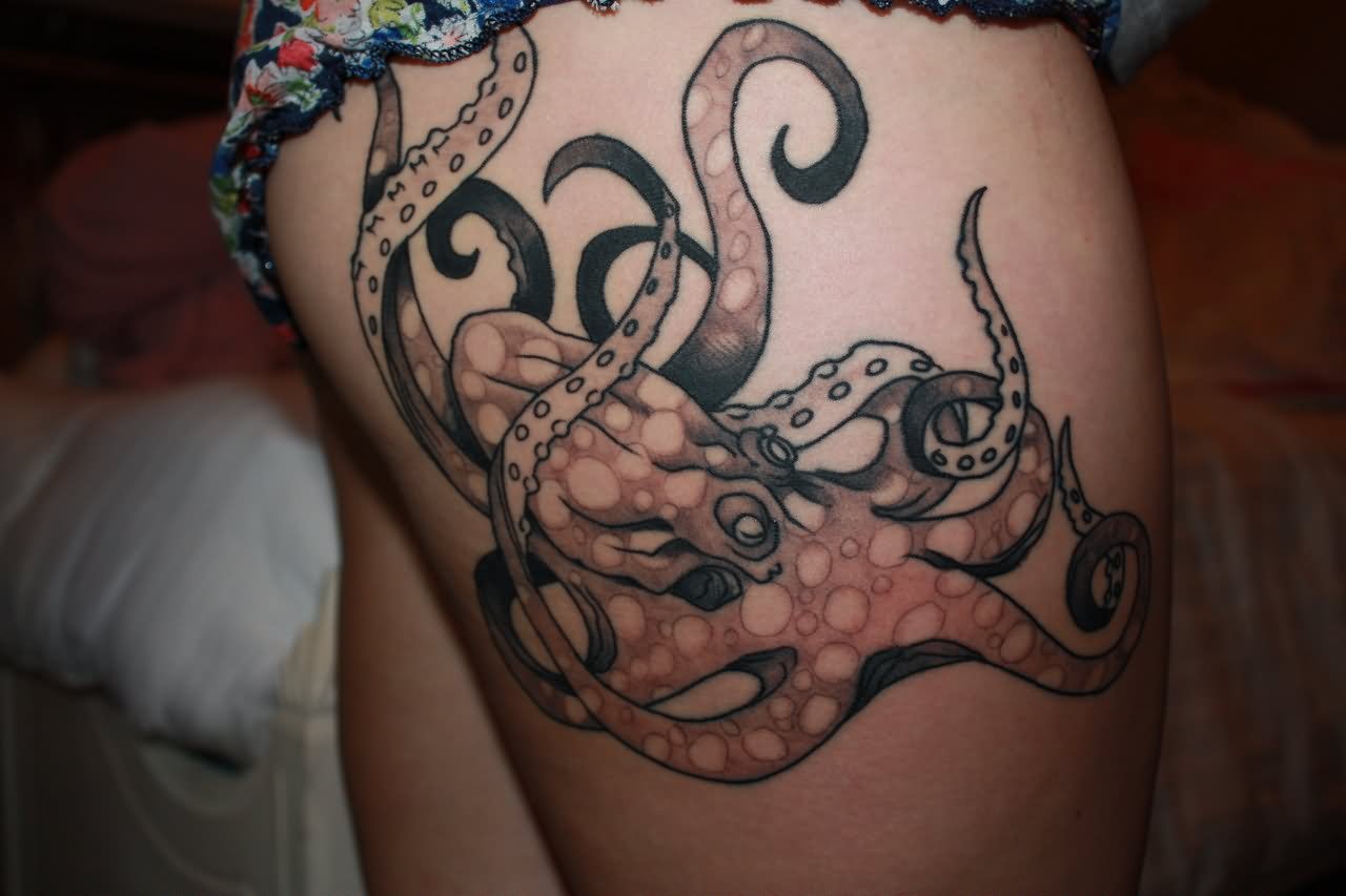 Grey Octopus Thigh Tattoo Idea.