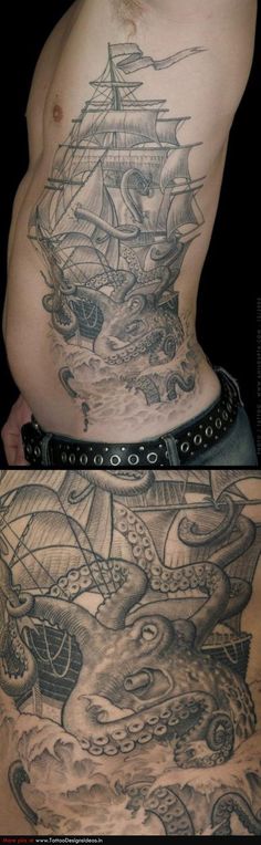 Grey Pirate Ship Octopus Tattoo On Side Rib For Men