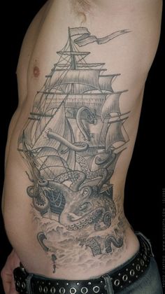 Grey Sailing Ship And Octopus Tattoo On Side Rib