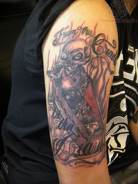 Grey Skull And Coffin Tattoo On Right Half Sleeve