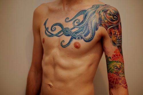 Guy With Octopus Tattoo On Left Shoulder Chest