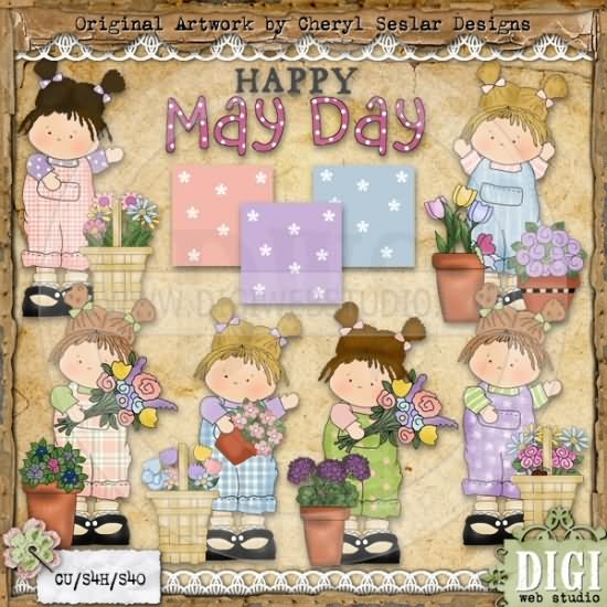 Happy May Day Little Girl With Flowers Clipart