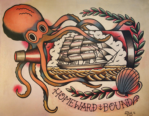 Homeward Bound Octopus Ship Tattoo Design