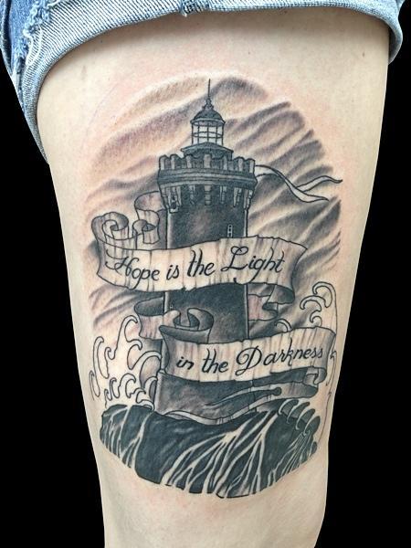 Hope Is The Light In The Darkness Banner And Lighthouse Tattoo