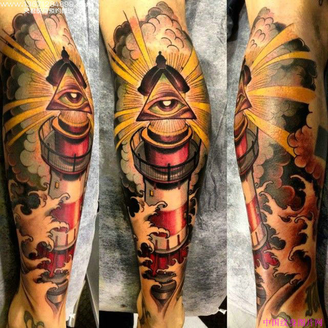 Illuminati Eye Lighthouse Tattoo On Leg Sleeve