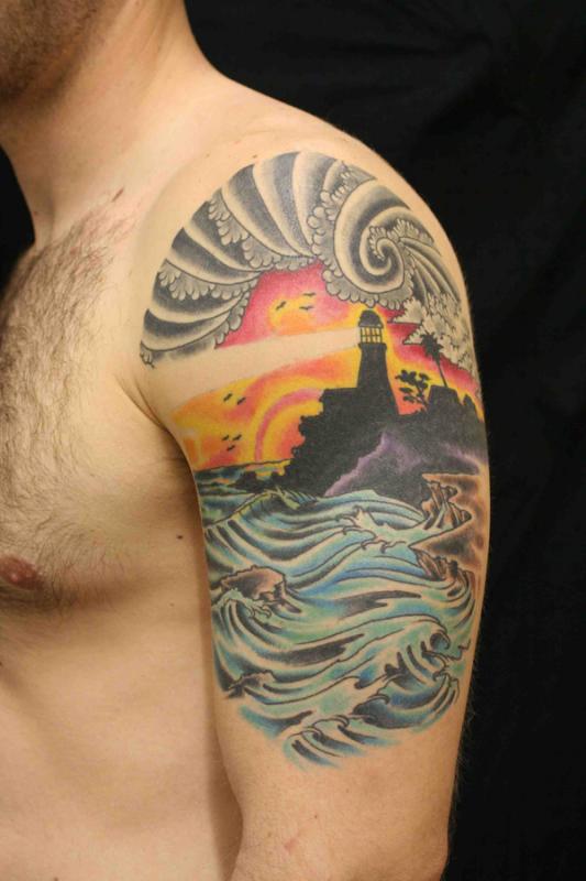 Japanese Sea Lighthouse Tattoo On Man Left Shoulder