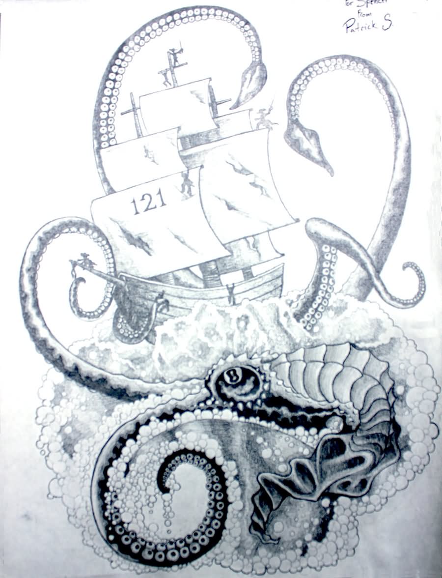 Kraken Attacking Ship Tattoo Design By Patrick Schappe