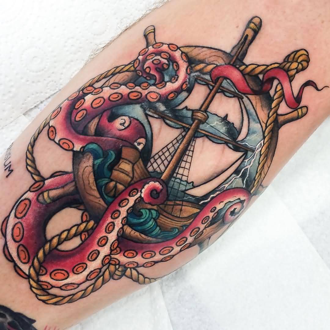 Kraken Attacking Ship Tattoo Design For Leg