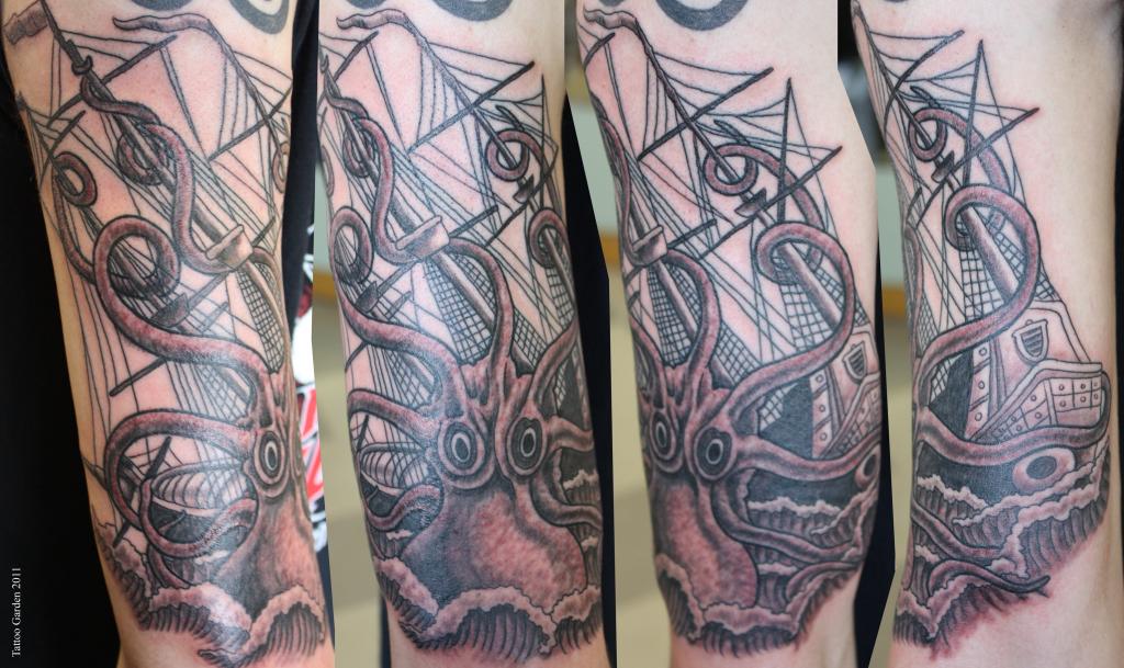 Kraken Attacking Ship Tattoo Design For Sleeve