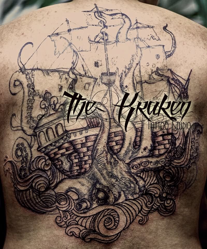 Kraken Attacking Ship Tattoo On Full Back By Ruth Moreno