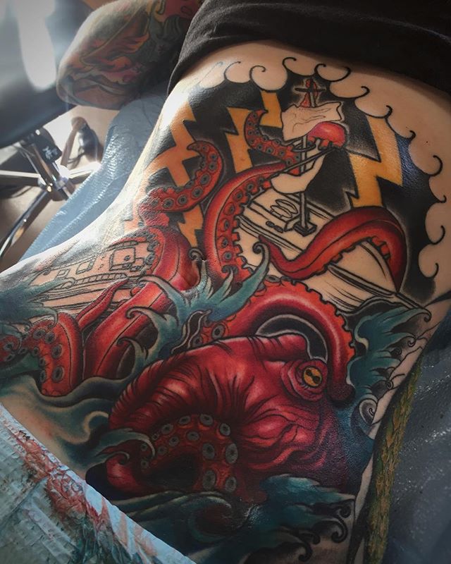 Kraken Attacking Ship Tattoo On Full Back