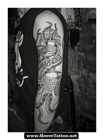 Kraken Attacking Ship Tattoo On Full Sleeve